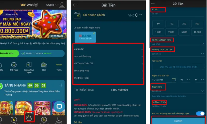 các bước nạp tiền W88 trên di động