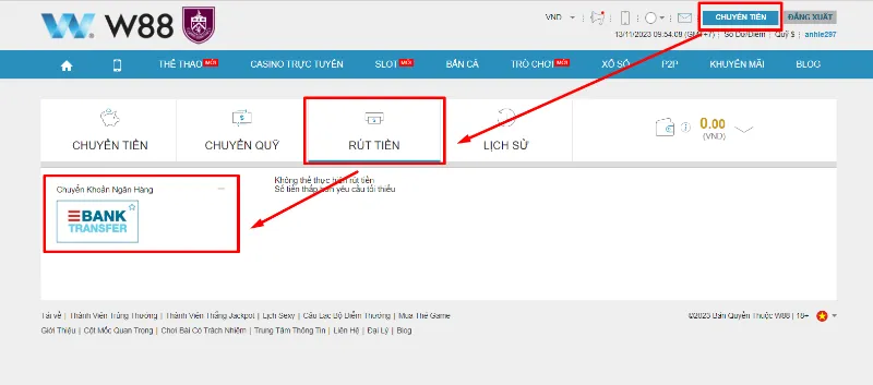 rút tiền W88 trên máy tính